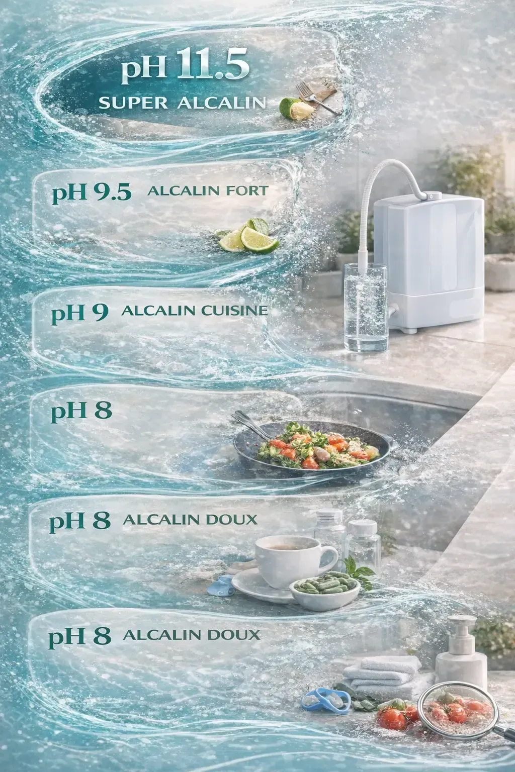 Appareil de filtration d’eau produisant différents niveaux de pH alcalin pour divers usages : boisson, cuisine, nettoyage et bien-être.