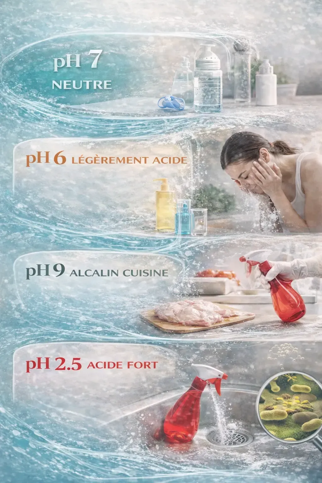 différents niveaux de pH de l’eau, de neutre à acide, illustrant les usages pour la peau, la cuisine et le nettoyage avec un appareil de filtration