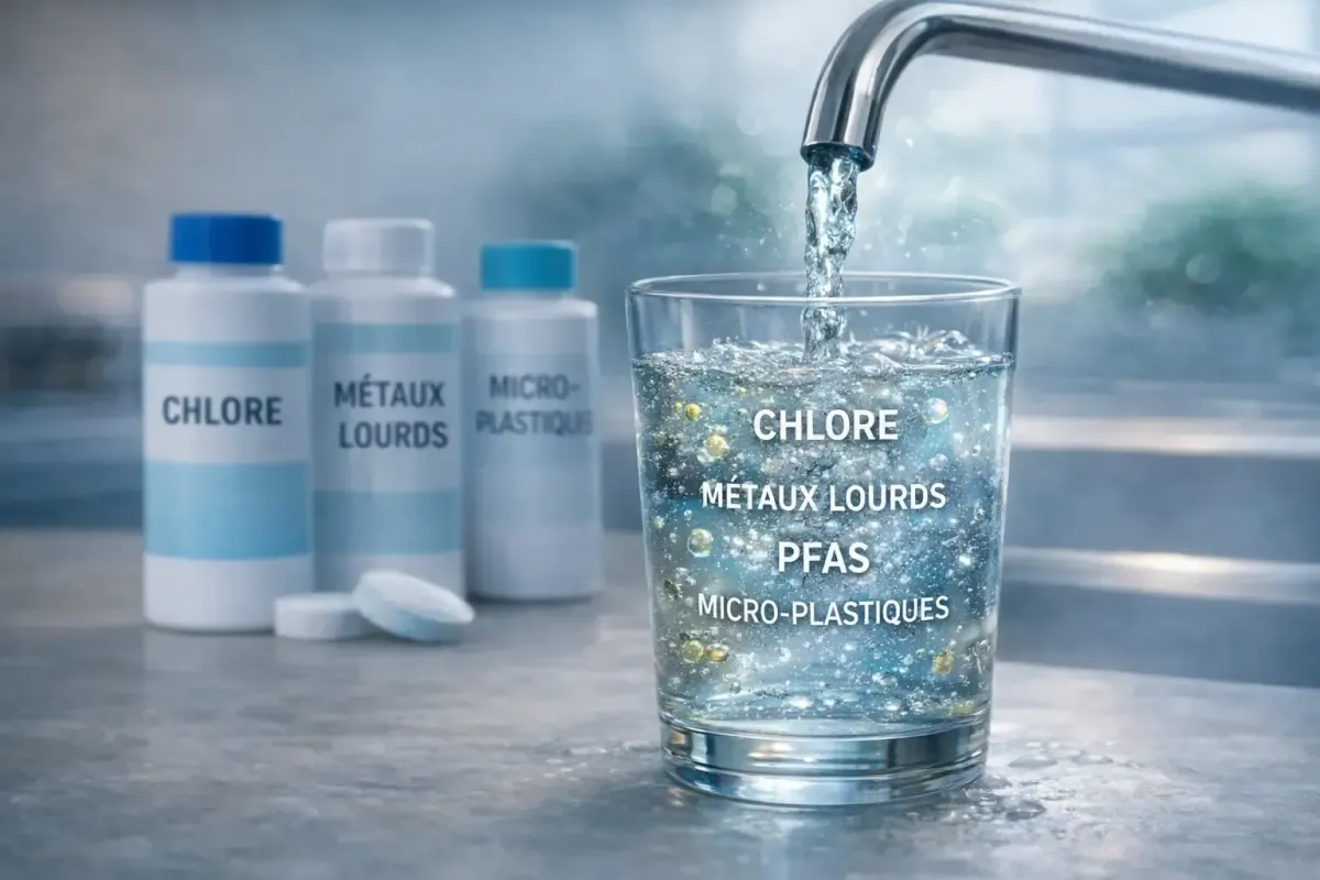 Verre d’eau du robinet rempli de chlore, métaux lourds, PFAS et microplastiques, illustrant la contamination de l’eau potable.