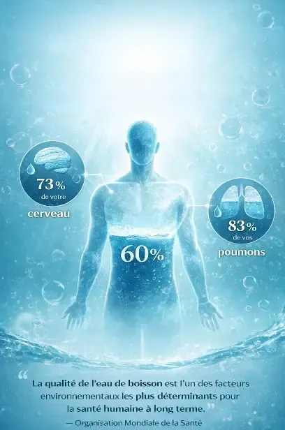 Corps humain composé à 60 % d’eau, dont le cerveau à 73 % et les poumons à 83 % : la qualité de l’eau a donc un impact direct sur la santé.