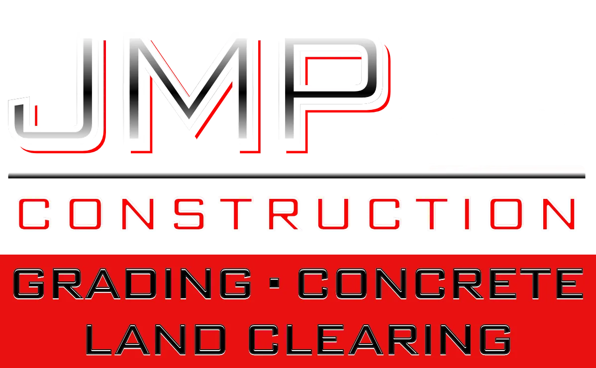 Logo for JMP Construction featuring bold white and red text on a black background