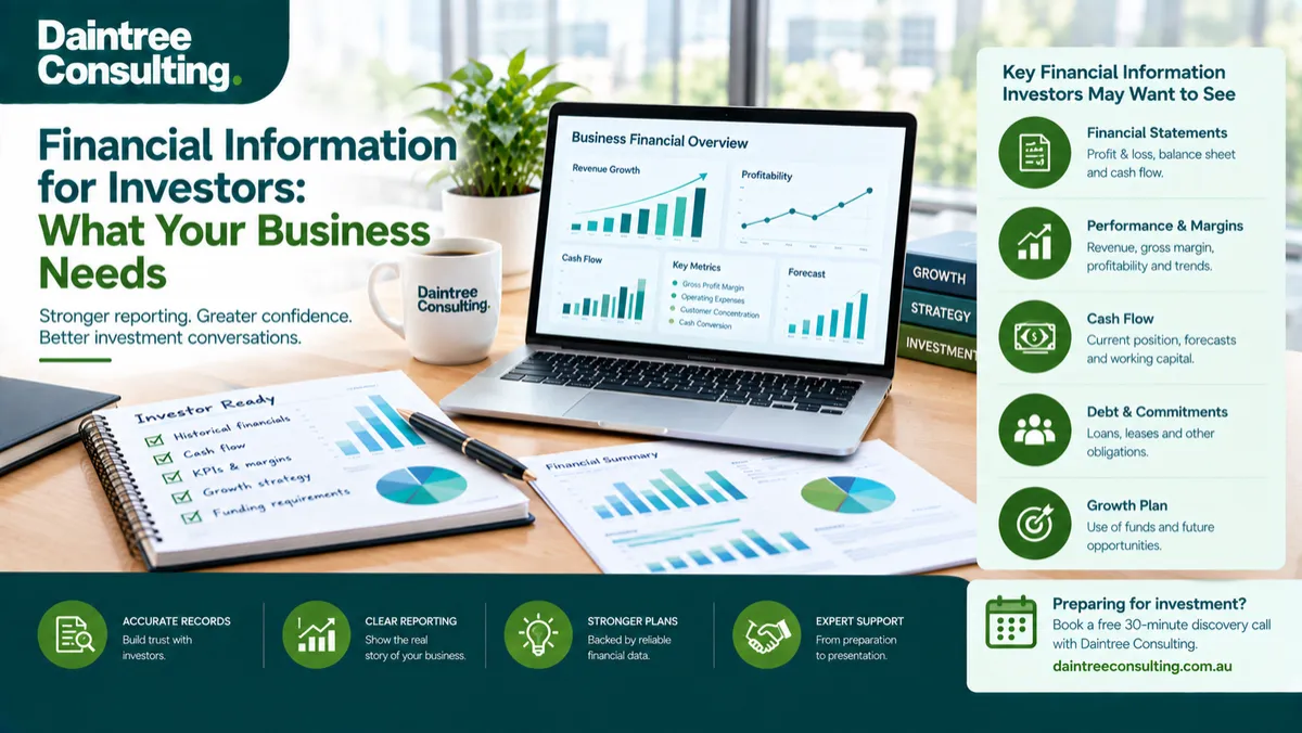 Financial information for investors including business reports, financial forecasts, cash flow and investment planning