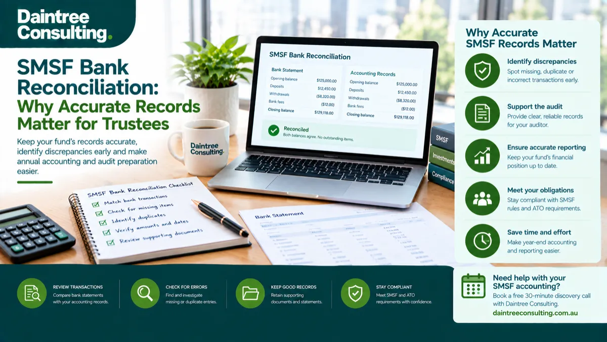 SMSF bank reconciliation showing financial records, bank statements and accounting checks for trustees