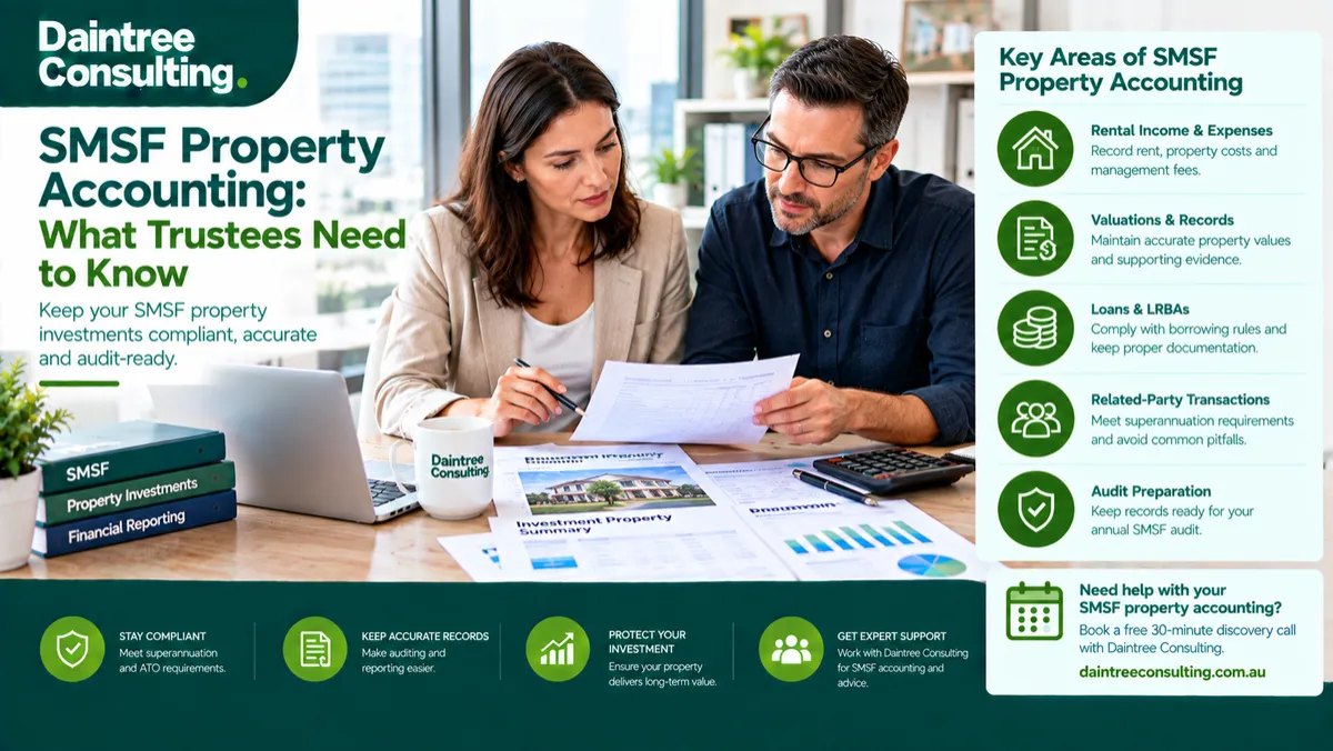 SMSF property accounting showing trustees reviewing an investment property, rental records, valuations and financial statements