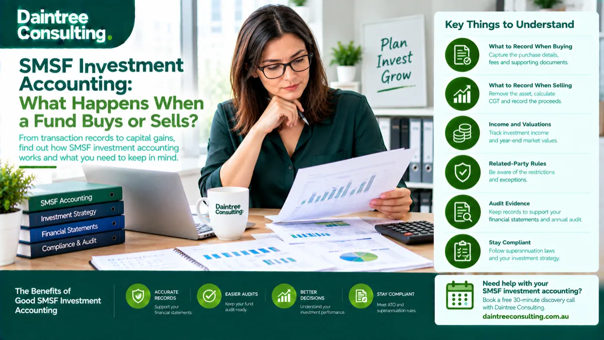 SMSF investment accounting showing an Australian SMSF trustee reviewing investment transactions, financial records and portfolio statements