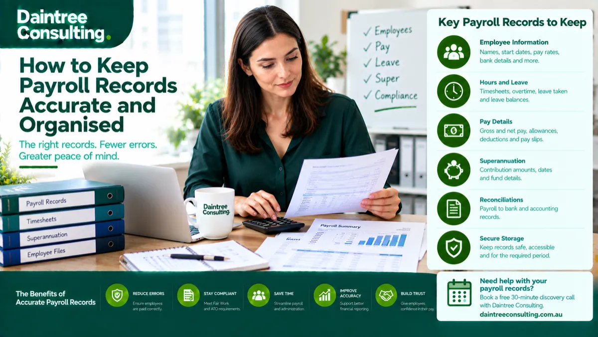 Payroll records showing an Australian business reviewing employee pay, timesheets, leave, superannuation and payroll reports