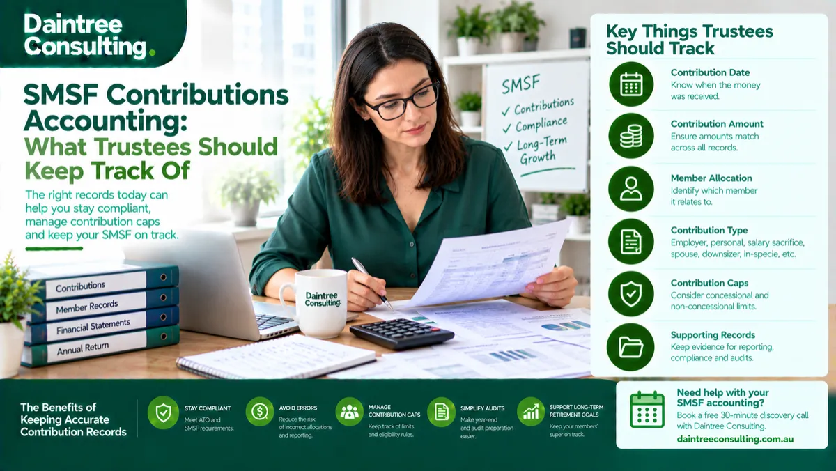 SMSF contributions accounting showing an Australian SMSF trustee reviewing member contributions, records and financial statements
