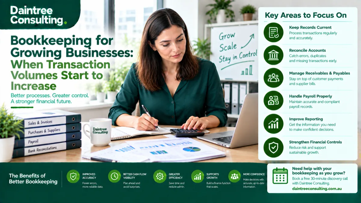 Bookkeeping for growing businesses showing an Australian business owner reviewing financial records, transactions, reconciliations and cash flow