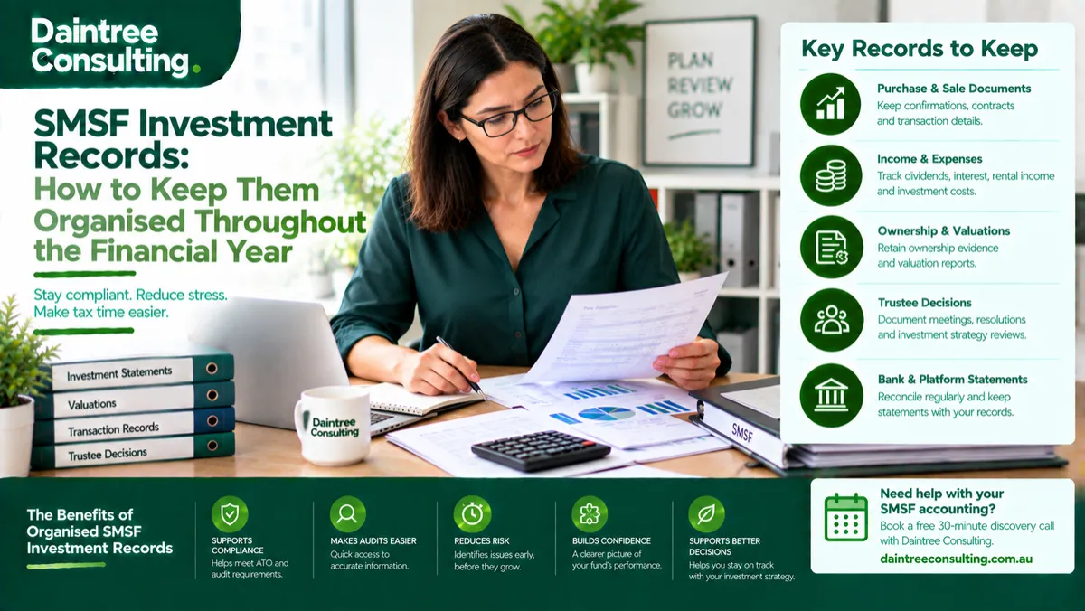 SMSF trustee organising investment records, statements, valuations and financial documents throughout the financial year