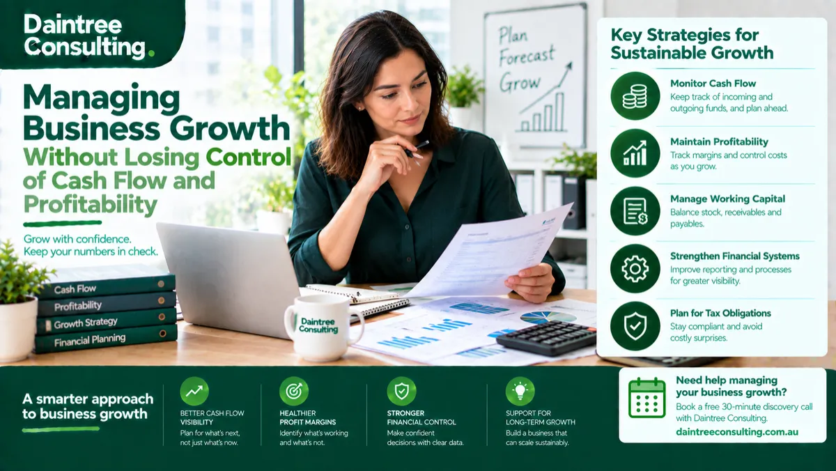 Managing business growth showing an Australian business owner reviewing cash flow, profitability, financial reports and growth plans