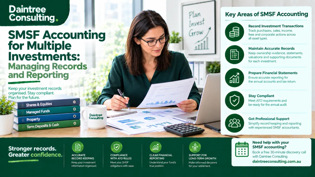 SMSF accounting services for multiple investments showing a trustee reviewing investment records, financial statements and reporting documents