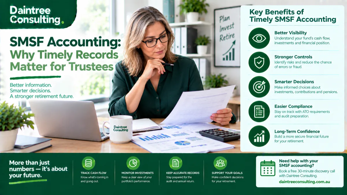 SMSF trustee reviewing financial reports, investment records and cash flow information for better SMSF decision-making