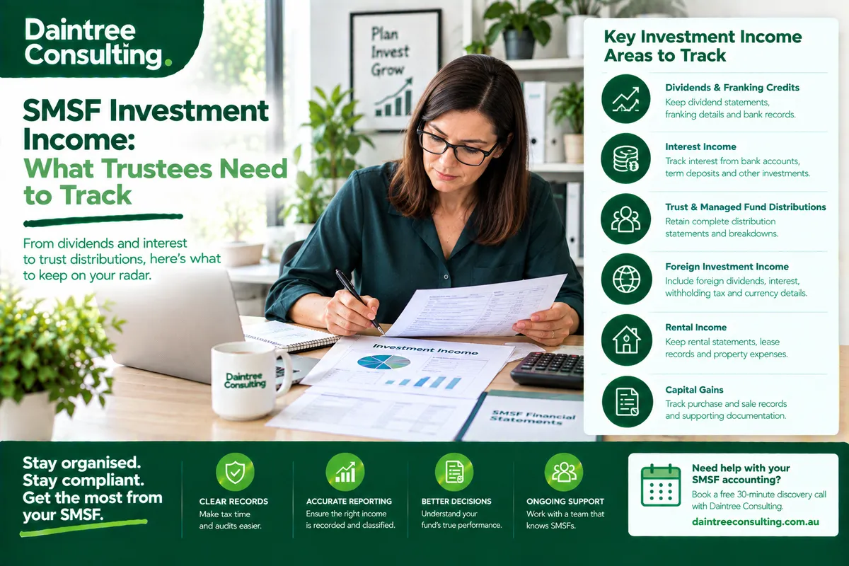 SMSF investment income and dividend accounting records being reviewed by an Australian SMSF trustee