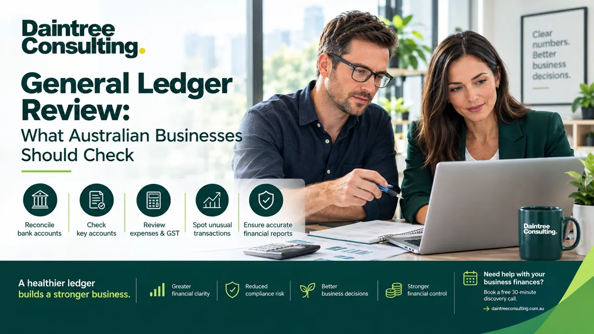 Australian business owner and accountant reviewing a general ledger and financial reports