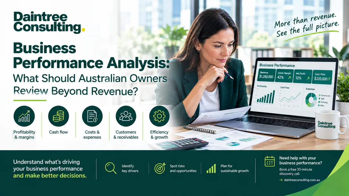 Business performance analysis showing Australian business financial performance, profitability, cash flow and KPI metrics