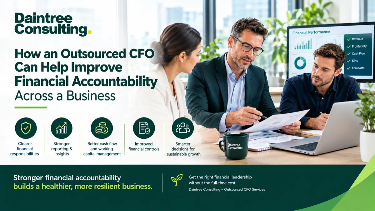 Australian business leadership team reviewing financial accountability and management reports with an outsourced CFO