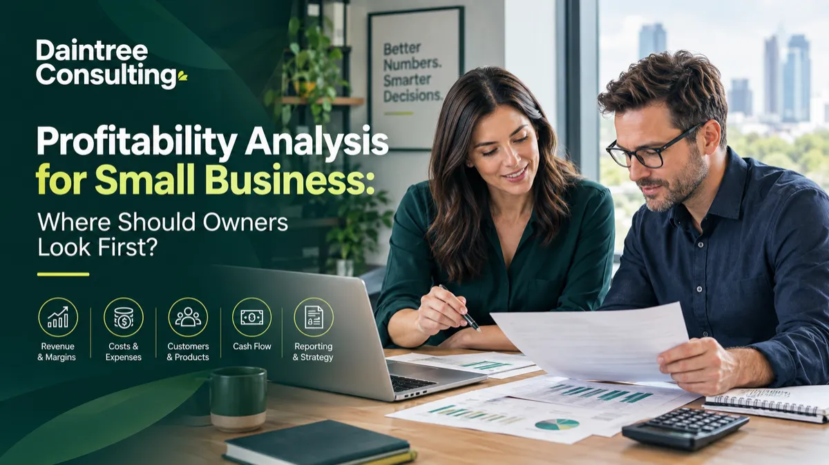 Profitability analysis for small business owners reviewing revenue, costs, cash flow and financial performance with an adviser