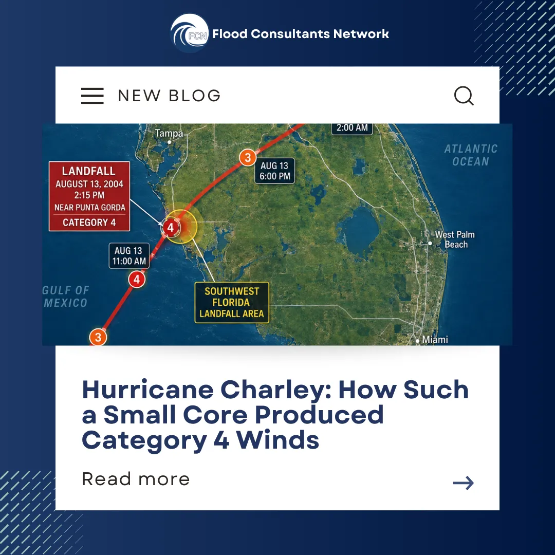 Flood Consultants Network blog graphic featuring a map of Hurricane Charley’s 2004 path across Florida, highlighting its Category 4 landfall near Punta Gorda and its small, powerful storm core.