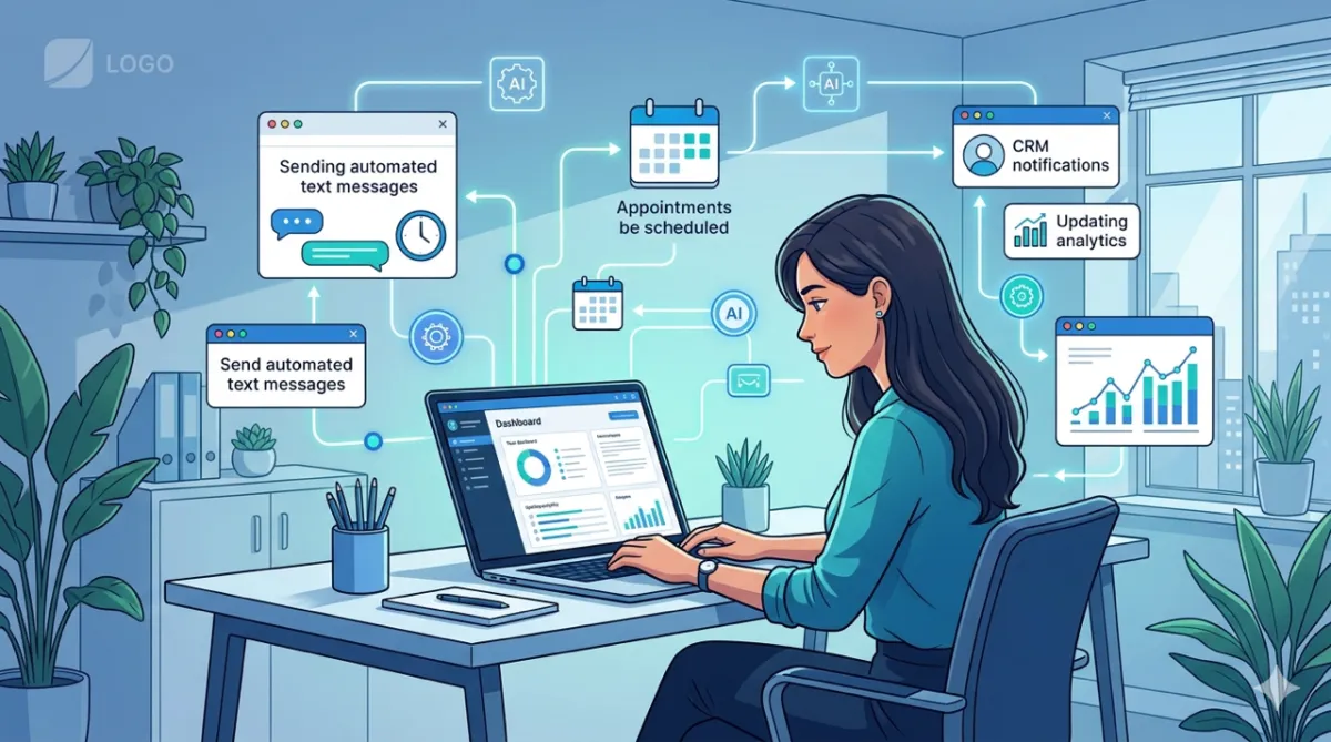 Woman working with automated AI Agents working autonomously in background