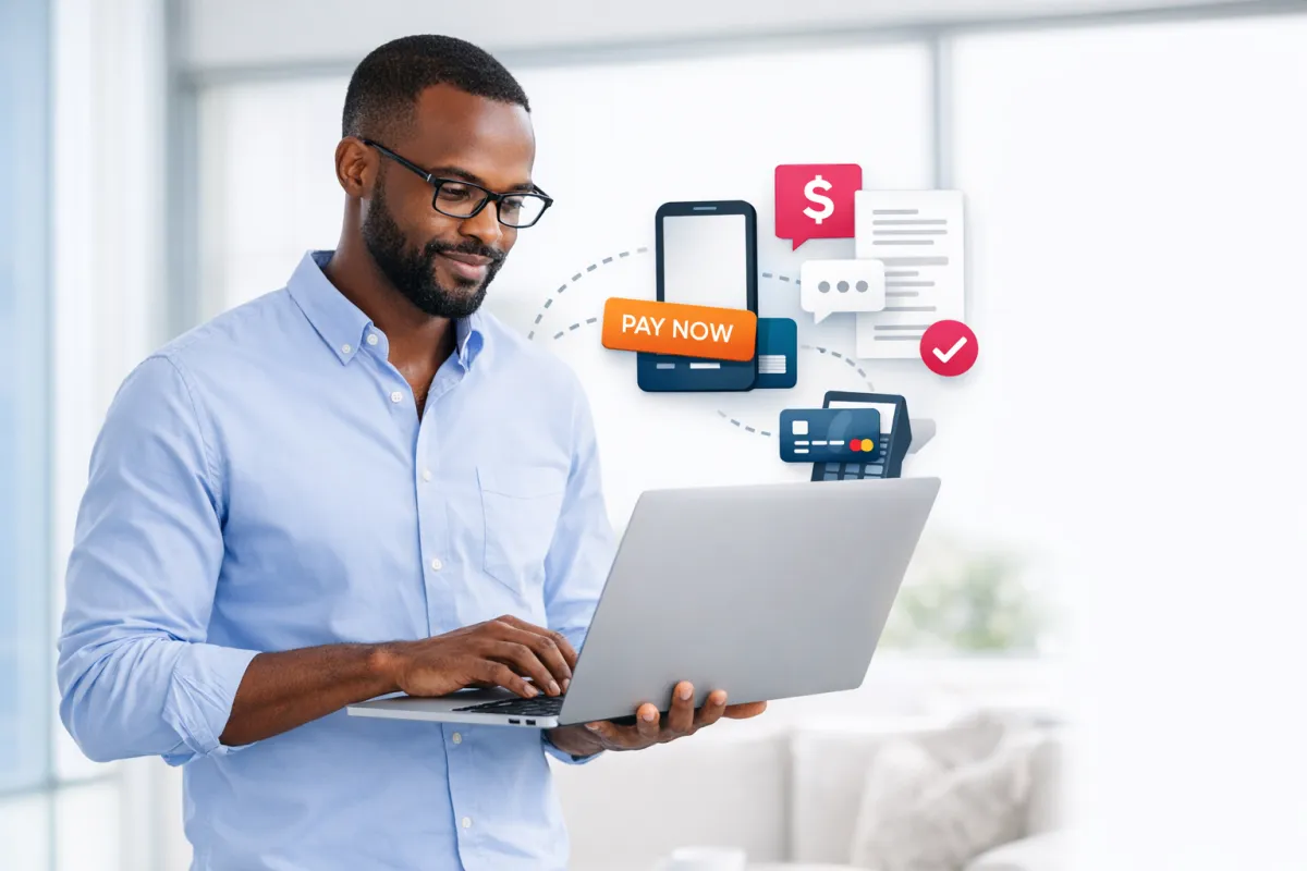Man using a laptop with payment icons and notifications, illustrating automated invoicing and payment solutions for Australian SMBs.
