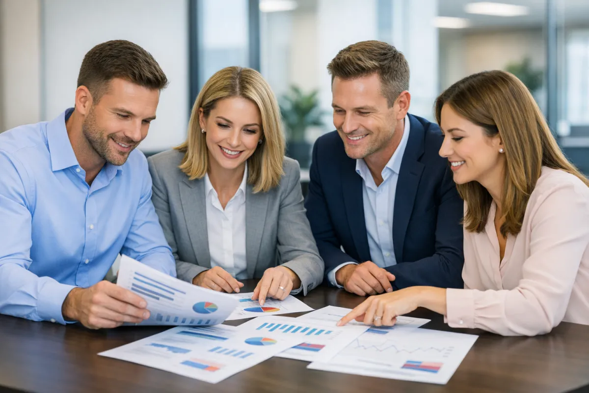 Group of four professionals reviewing business performance reports and analytics on a table, discussing insights for improving client communication and automation strategies.