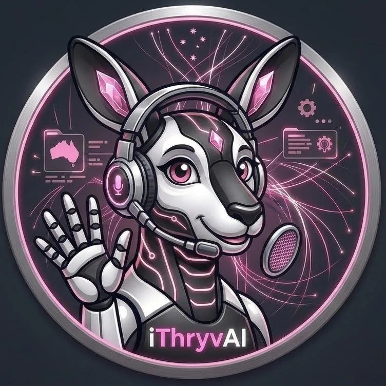 iThryvAI mascot character with headset, waving hand, digital elements, and Australian map, symbolizing AI automation for small businesses.