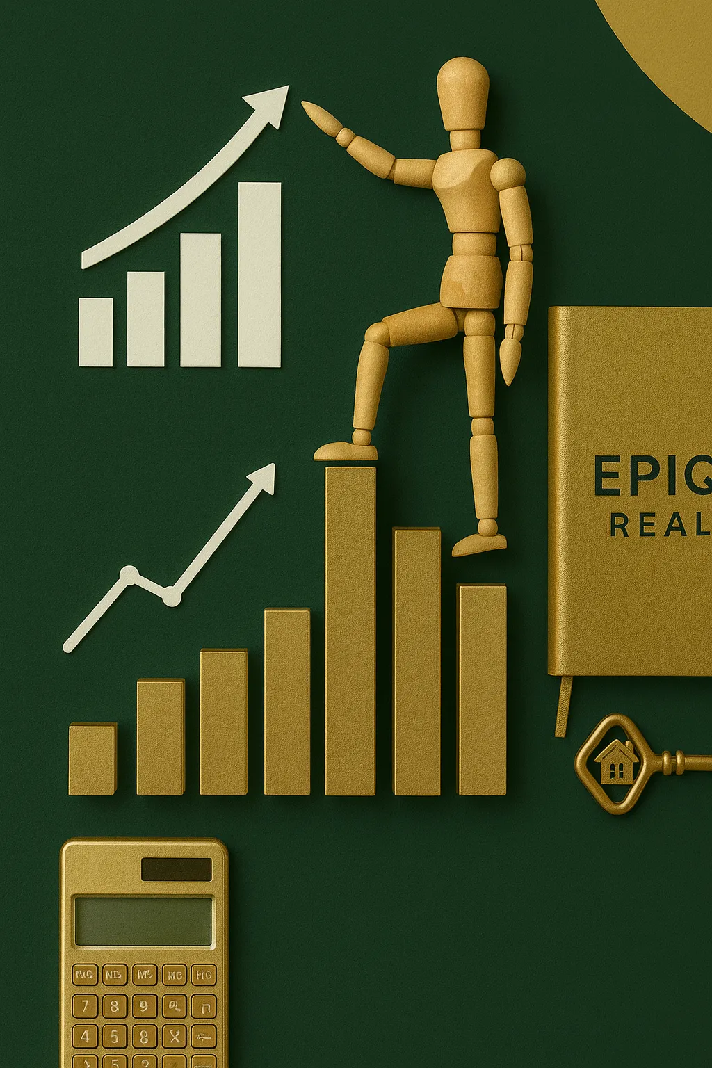 Epique Realty growth concept — a professional, gold-and-green flat-lay image featuring a mannequin climbing golden bar charts, upward-pointing graphs, a calculator, a key with a house symbol, and a notebook embossed with ‘Epique Realty,’ symbolizing real estate success, empowerment, and business growth tools for top real estate agents.