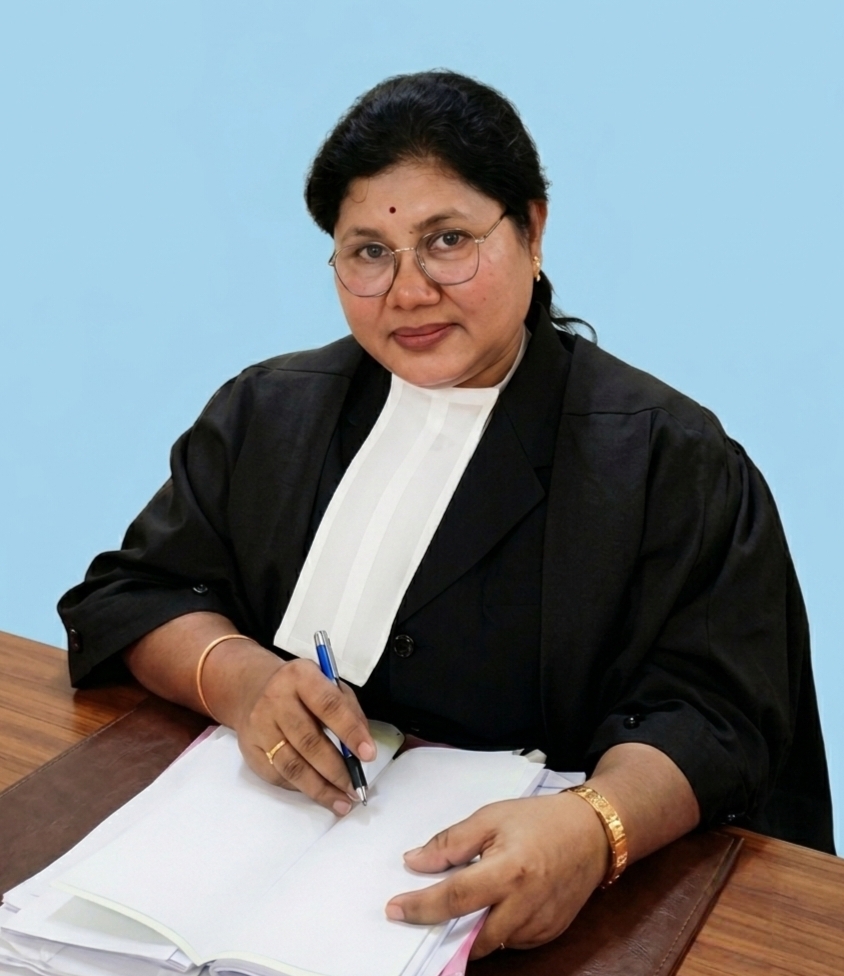 Professional head-and-shoulders portrait of an Indian woman in her thirties, smiling, in business clothing, against a LIGHT softly blurred background