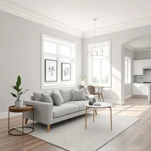 Freshly painted light-gray modern living room in Varina, VA with white trim, sleek sofa, and natural light accents.