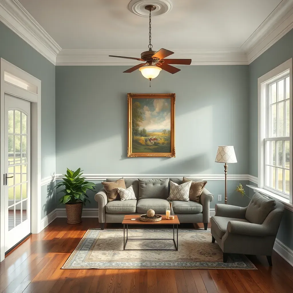 Interior painting in Varina, VA: freshly painted neutral walls, hardwood flooring, painter's tape, and professional tools.
