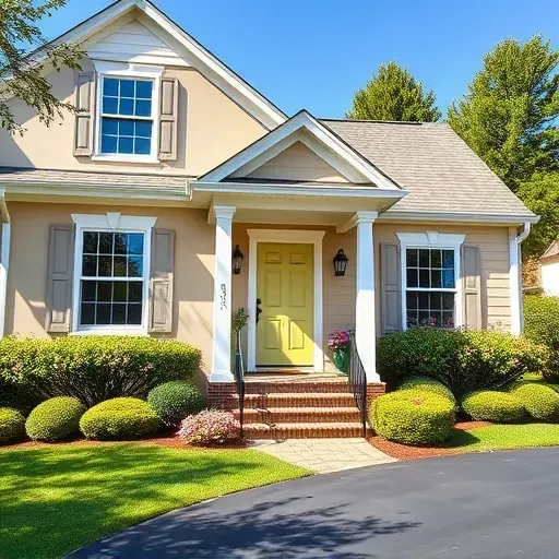 Beautifully painted home exterior in Goochland VA with beige and white colors, lush landscaping, and bold front door.