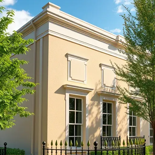 Beautiful stucco wall repair on a charming Richmond building with lush greenery and clear blue sky.
