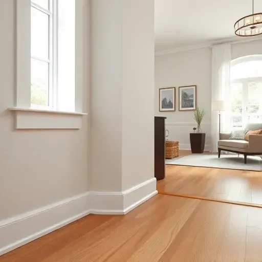 Freshly painted smooth interior wall in Goochland VA with natural light reflections, modern decor, wooden floor, and elegant ambiance