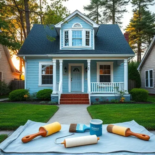 Completed painting project in East Highland Park VA featuring a charming blue home with white trim and lush landscaping.