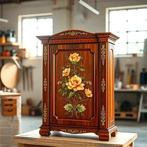 Finished polished wooden cabinet with floral motifs in a well-lit Richmond workshop showcasing craftsmanship and detailed painting
