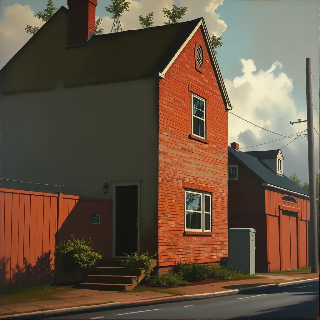 Outdoor Chester, VA scene showcasing a sunset Chesapeake Bay painting on a wooden easel amid wildflowers and historic brick buildings.