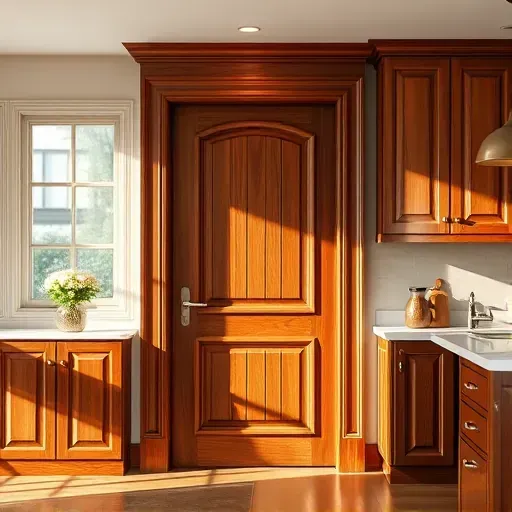 Stained wooden door with surrounding trim in a modern kitchen, natural light highlighting smooth polished surfaces