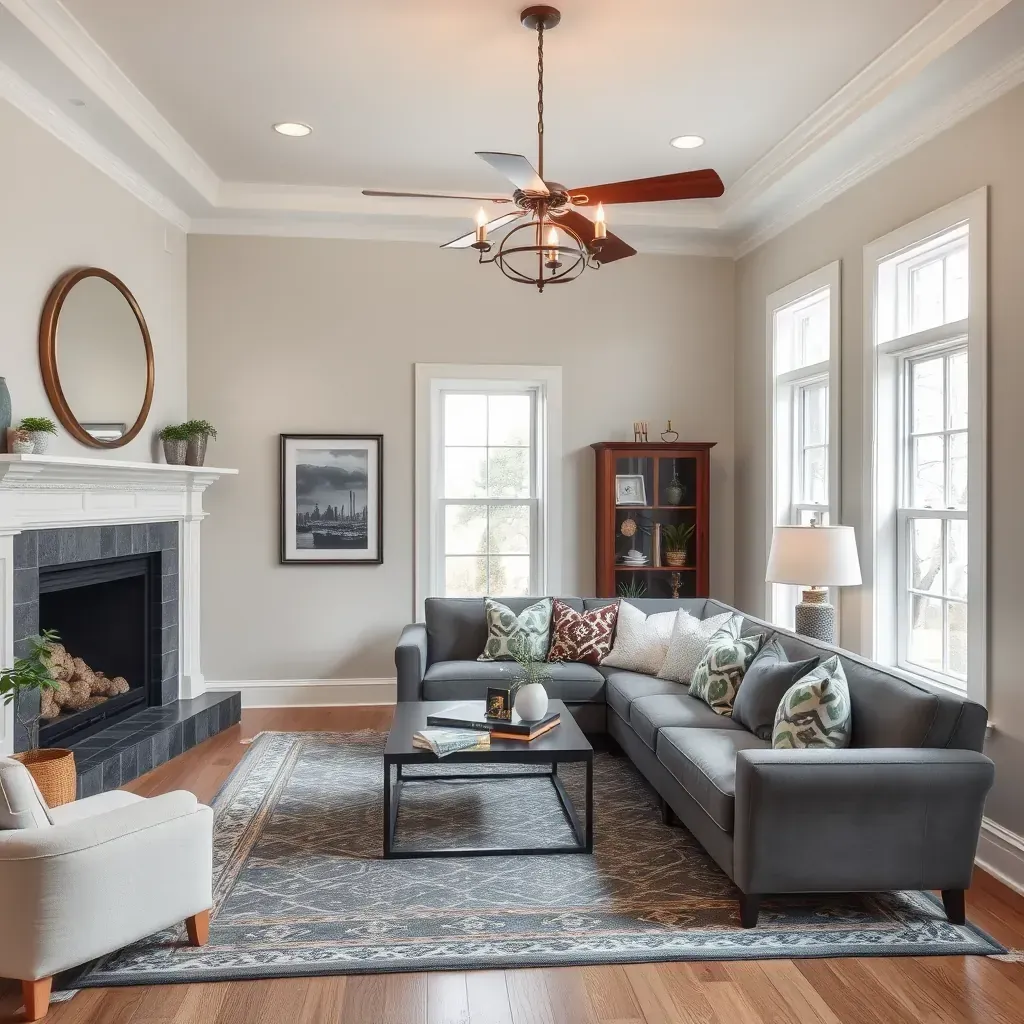 Spacious Bon Air, VA living room with beige walls, white crown molding, hardwood floors, ladder, and painting supplies.