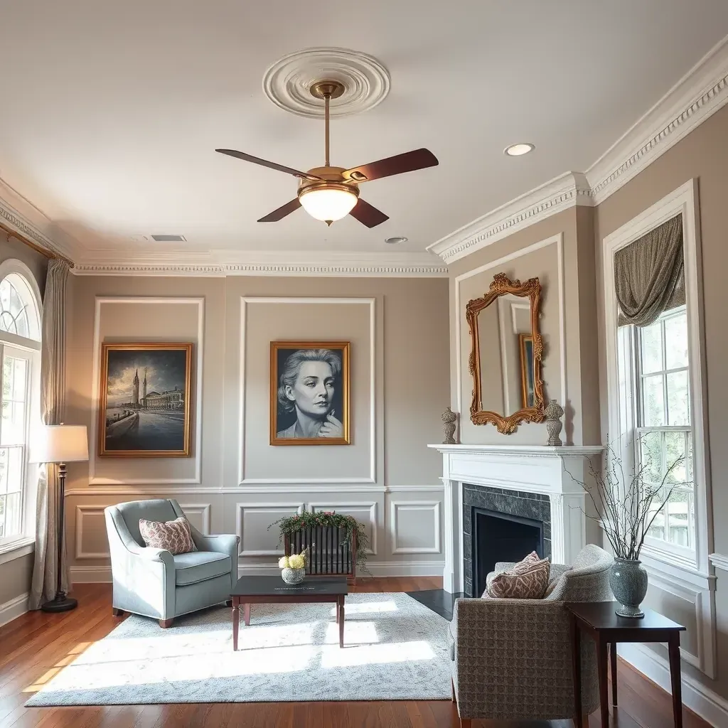Interior living room in Laurel, VA with fresh beige walls, natural light, elegant decor, and painting tools indicating recent renovation.