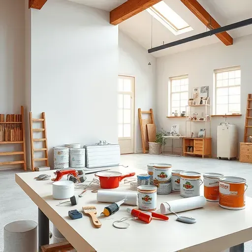 Professional painting tools, paint cans, and a freshly painted wall in a bright, organized Wyndham, VA contractor's workspace.