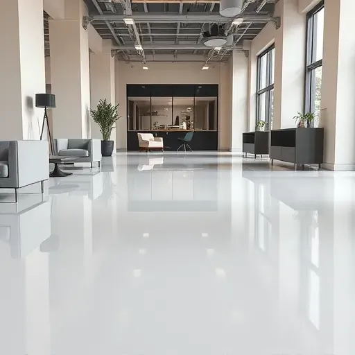 Seamless glossy epoxy flooring in modern Richmond commercial space with neutral walls and natural light highlights durability