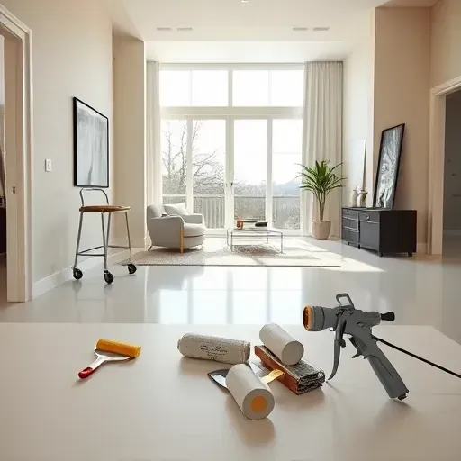 Modern living room with freshly painted neutral walls, painting tools, and stylish decor, showcasing professional craftsmanship.
