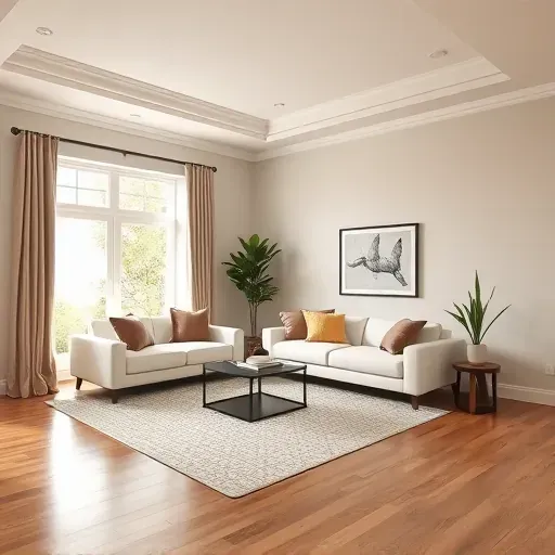 Freshly painted neutral-colored living room in Hanover, VA with crown molding, hardwood floors, sofa, and natural light.