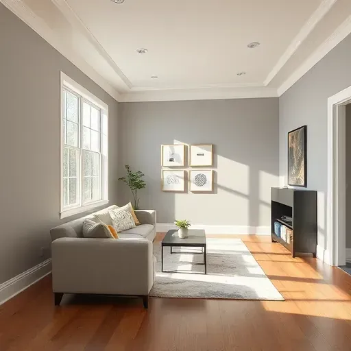 Bright, freshly painted living room in Richmond VA features smooth gray walls, natural light, and stylish decor.