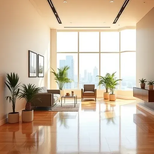 Freshly painted modern office interior in Richmond VA with sleek neutral walls, natural light, polished wood floor, and minimalist furniture
