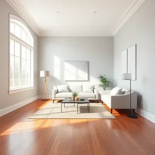 Freshly painted modern living room in Chester, VA with light gray walls, white molding, and polished hardwood floors.