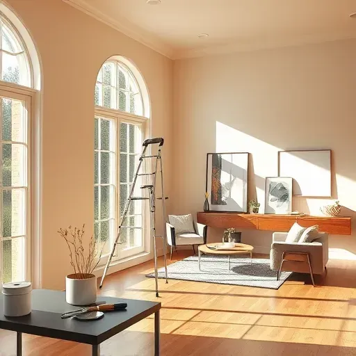 Freshly painted interior in Goochland VA with neutral walls, modern ladder, and organized paint tools, softly lit by large windows.