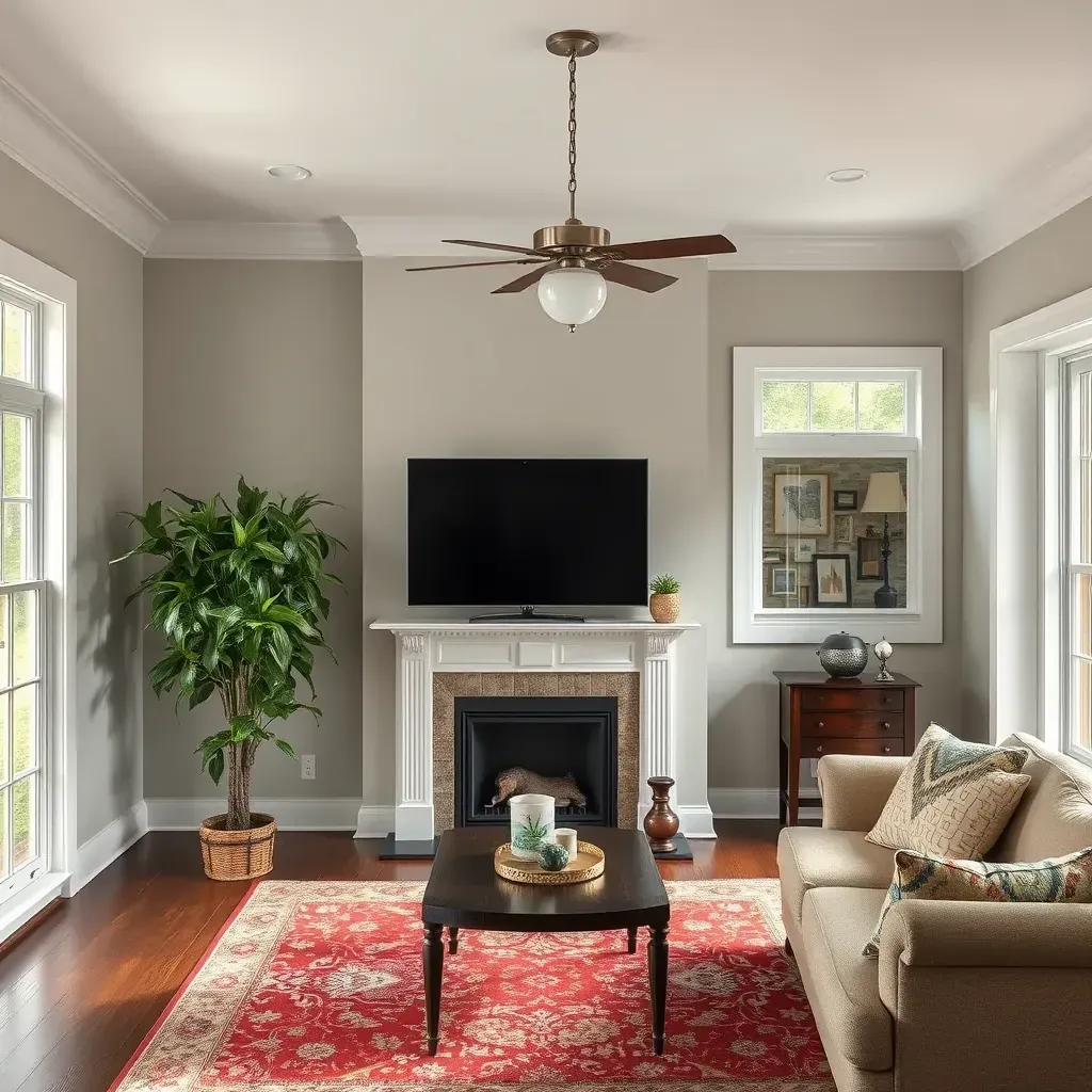 Interior painting scene in Tuckahoe, VA, featuring a painter with brushes in a stylish, well-lit room with modern decor.
