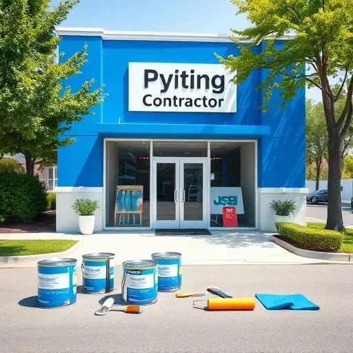 Varina, VA painting contractor's modern storefront with vibrant blue and white walls, organized paint supplies, greenery.