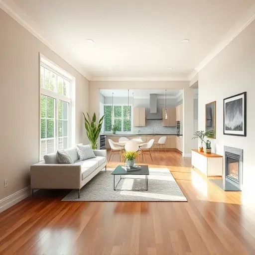 Bright modern living room in Meadowbrook VA with neutral walls, polished hardwood floors, large windows, and minimal decor